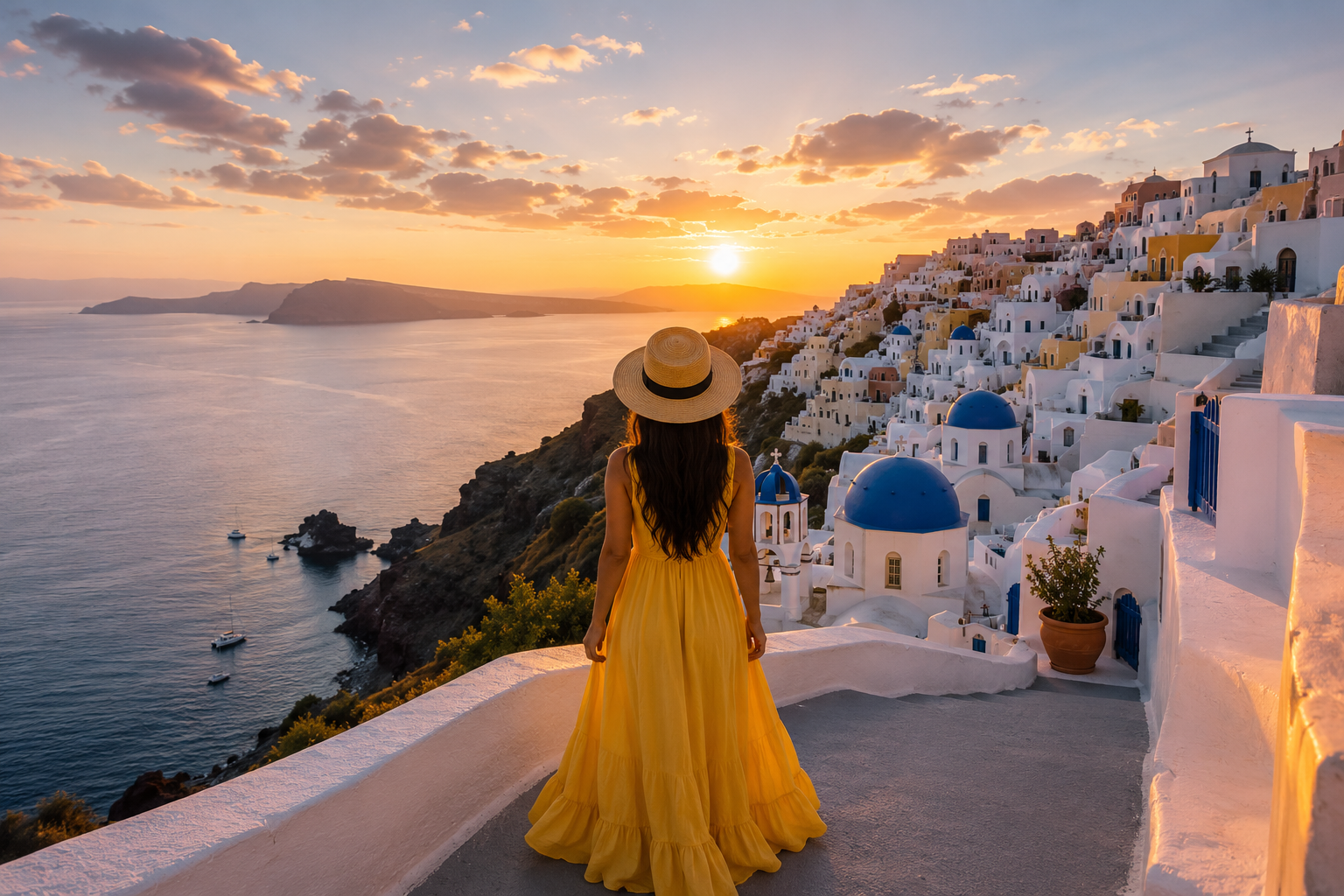 Traveler in a yellow dress overlooking Santorini at sunset